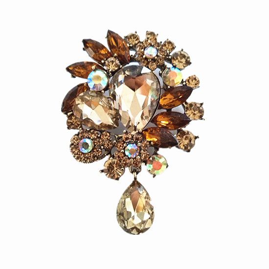3 Inch Gold Tone Clear Rhinestone Crystal Big Water Drop Glass Dangle Bridal Brooch Wedding Pins