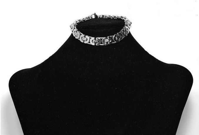 Fashion Men's 8mm 316L Stainless Steel Silver flat byzantine Chain Necklace & Bracelet Jewelry Set