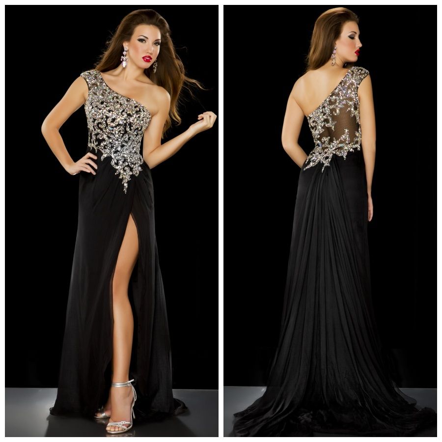 Perfect Black Hand Beaded One Shoulder Sheer Back Pageant Gown Evening