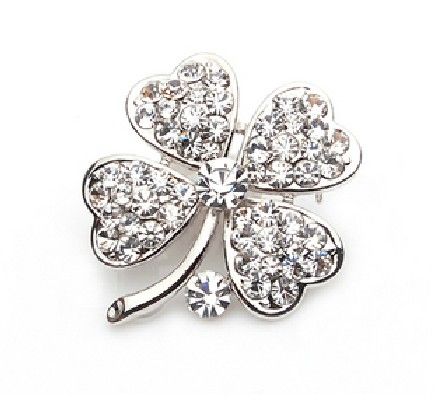 Silver Plated Clear Rhinestone Crystal Clover Leaf Pin Brooch