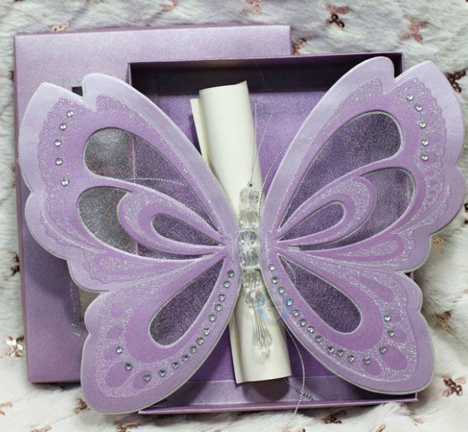 Purple Elegant Butterfly Wedding Invitations With Blank Scroll Cards