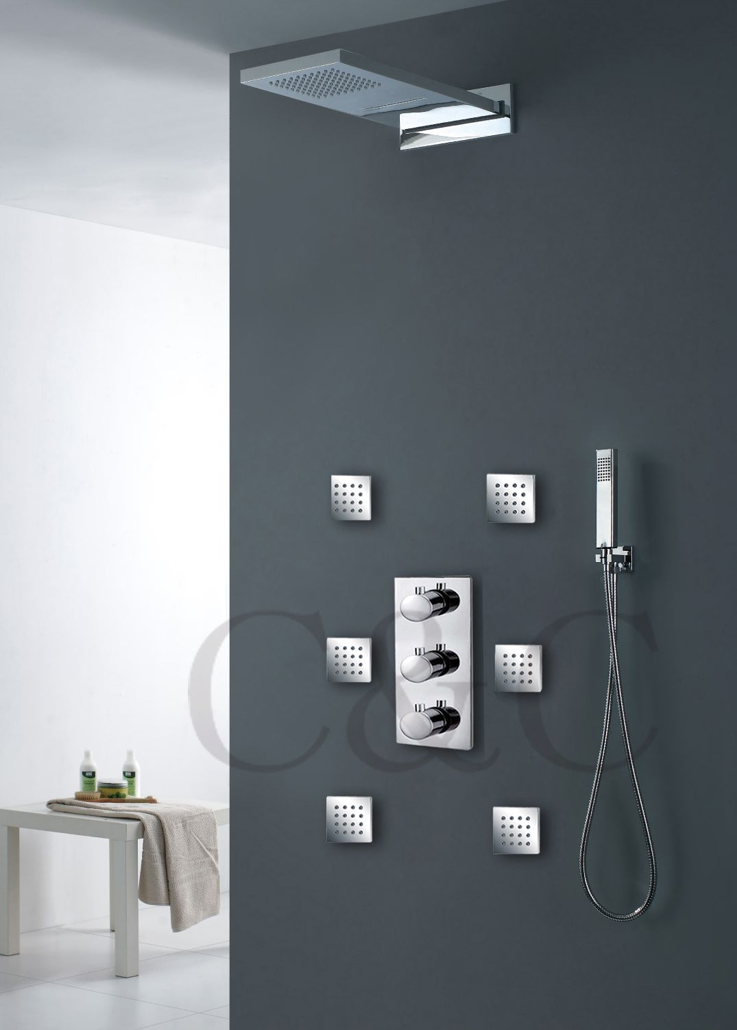 55X23CM Dual Rain And Waterfall Shower Head And Massage Spray Jets