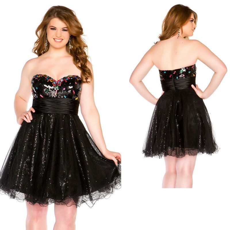 Shiny Black Sequin Sweetheart Neckline Short Puffy Plus Size Homecoming Dresses Cocktail Dress 