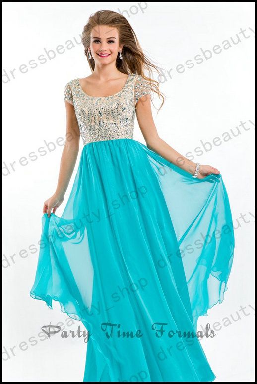 2014 Cheap Modest Prom Dresses Sparkly Crystals Beaded Hunter Chiffon ...