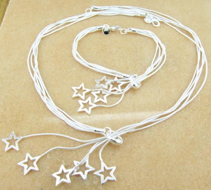 Free Shipping with tracking number Best HOT 925 STERLING SILVER MULTI HOLLOW HEART STARS CHAINS NECKLACE & BRACELETS SET JEWELRY