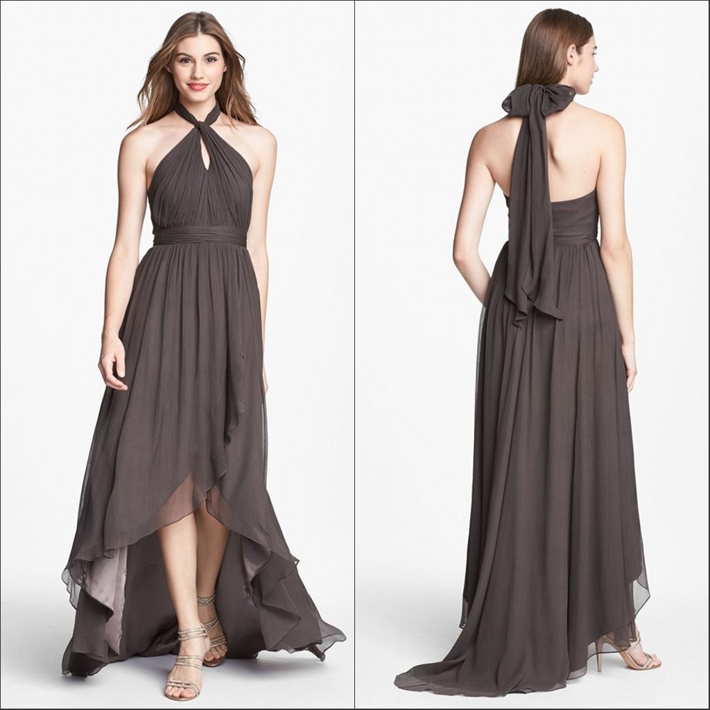 Elegant Grey Flowing Chiffon Halter Top Short Front Long Back Bridesmaid Dress Claret Bridesmaid