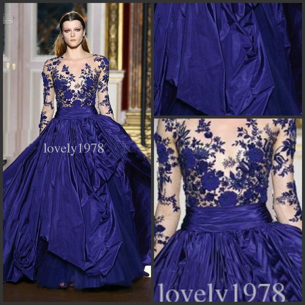 New Arrival Zuhair Murad Prom Dress Royal Blue Long Sleeve Applique