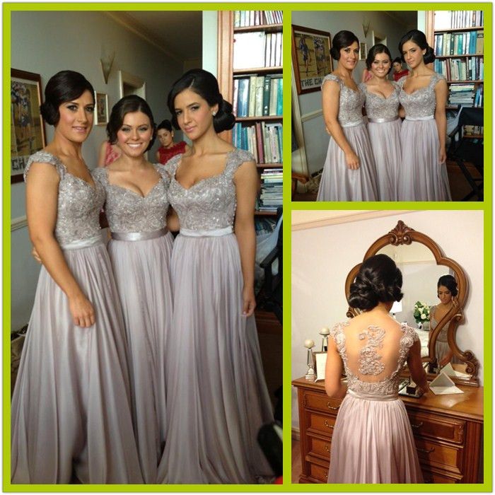 2016 New Silver Grey Bridesmaid Dresses Long Chiffon Bridesmaid Dress Appliques Sheer Back Short