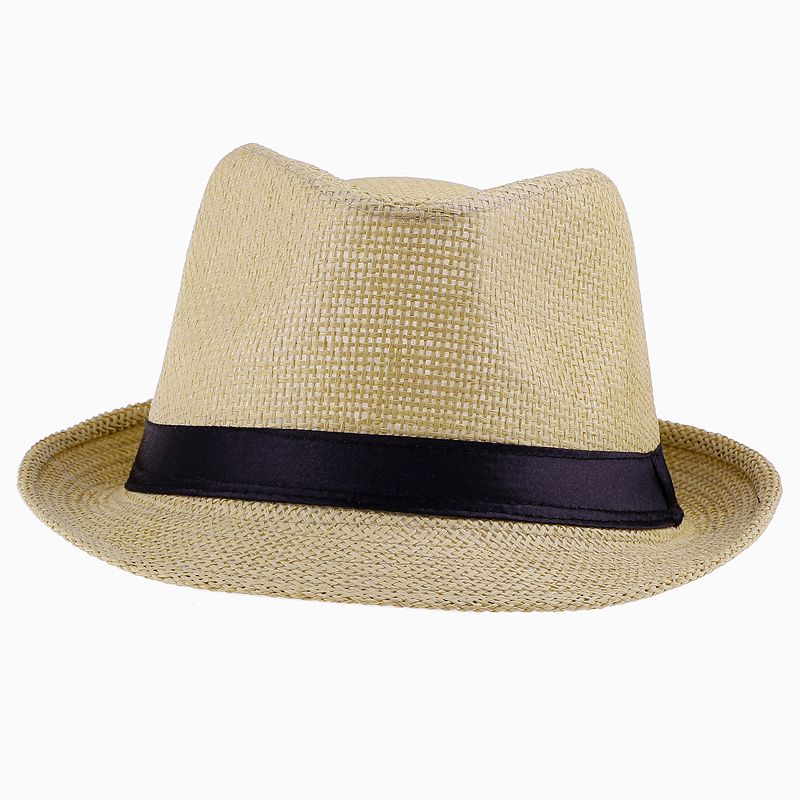 Vintage Panama Straw Hat Beige Men Fedora Summer Stingy Brim Cap Fit