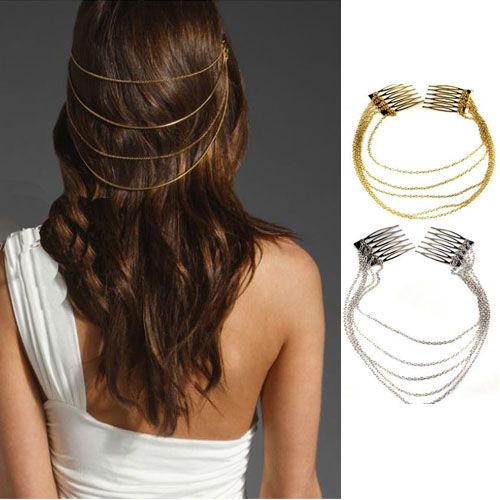 Wholesale - promotion - NEWEST WOMEN'S VINTAGE GOLD/SILVER CHAINS FRINGE TASSEL HAIR COMB CUFF WOMEN HEAD CLIPS HAIRBAND
