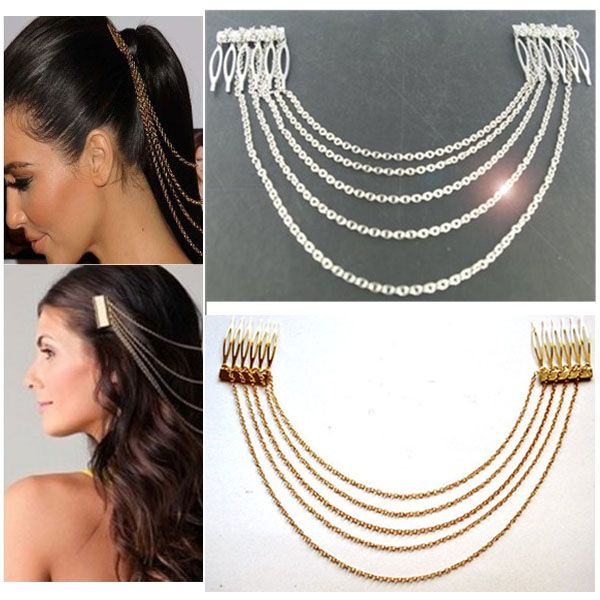 Wholesale - promotion - NEWEST WOMEN'S VINTAGE GOLD/SILVER CHAINS FRINGE TASSEL HAIR COMB CUFF WOMEN HEAD CLIPS HAIRBAND