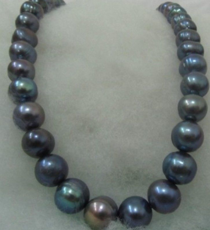 NEW FINE PEARL JEWELRY RARE TAHITIAN 1213MMSOUTH SEA BLACK BLUE PEARL NECKLACE 19inch 14K