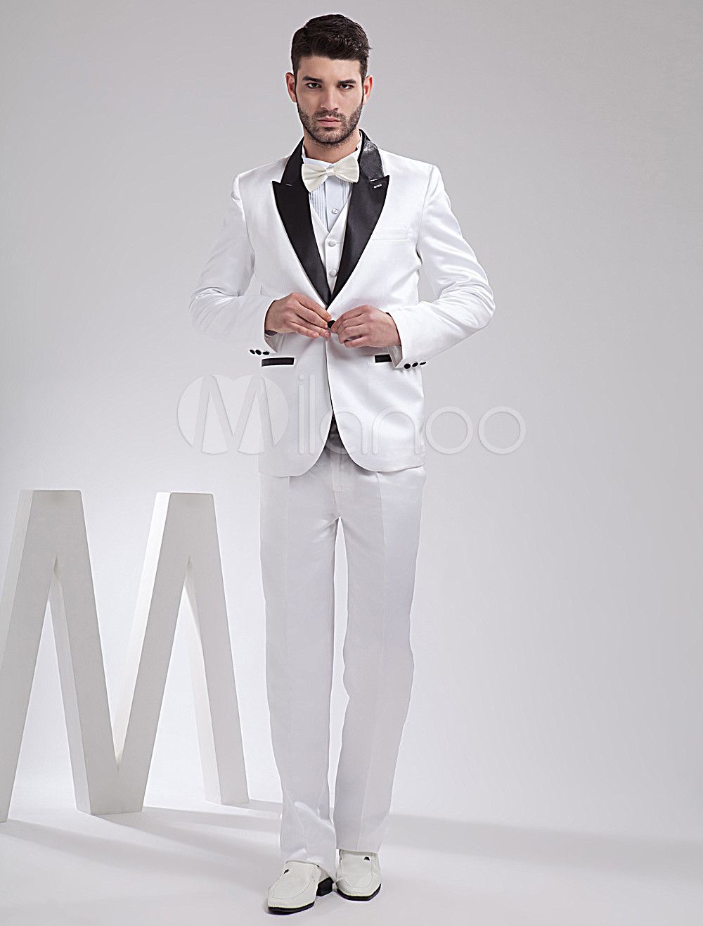 Cool White Satin Groom Wedding Tuxedo Jacket+Pants+Tie