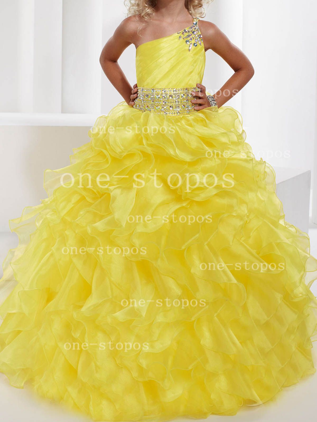 2016 Hot Cheap Girls Pageant Gowns Yellow Organza Crystal Beads One