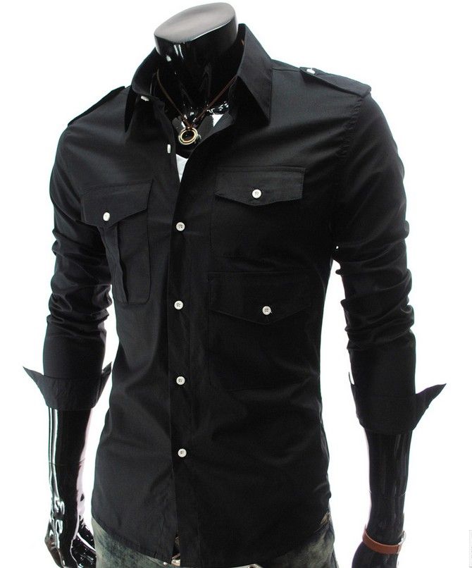 2017 New Men'S Casual Slim Long Sleeve Shirts Men'S Many Pocket