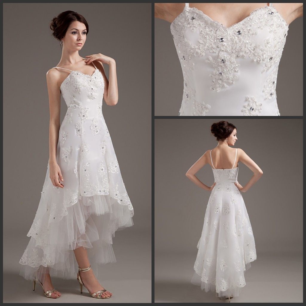 High Low Beach Wedding Dresses Embroider Pleat Organza Spaghetti Strap