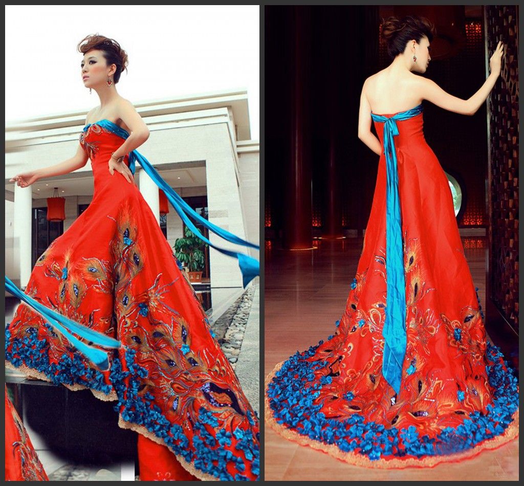 In Stock Elegant Chinese Traditional Style Column Sweep Train Evening