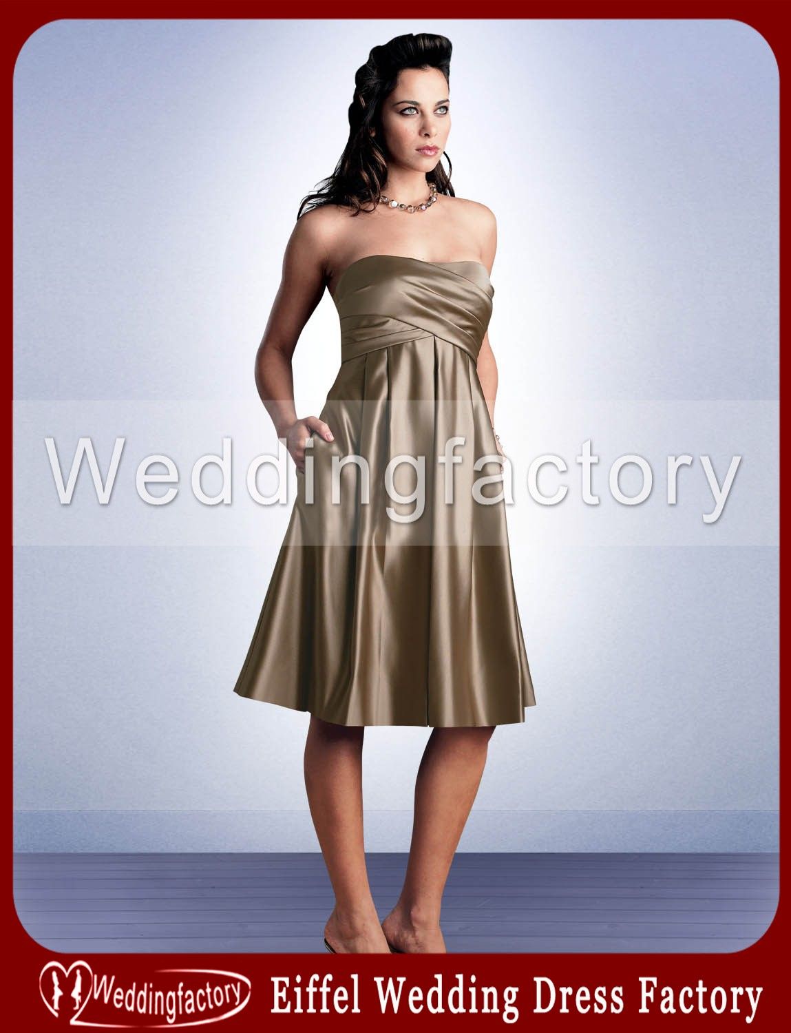 Satin Bronze Bridesmaids Dresses A Line Strapless Ruched Below Knee Length Wedding Party Dress