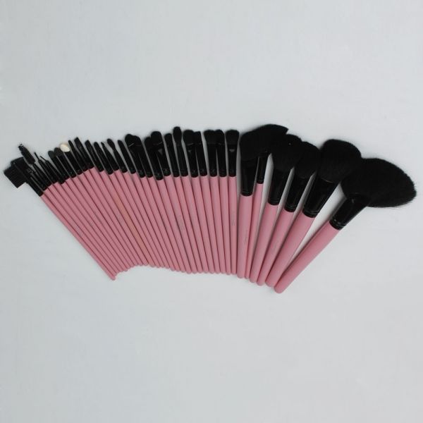 32 pcs Pink & Black Makeup Brush Set with Bag Nylon Bristles Wooden Stems