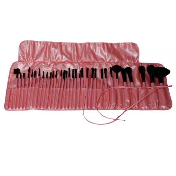 32 pcs Pink & Black Makeup Brush Set with Bag Nylon Bristles Wooden Stems