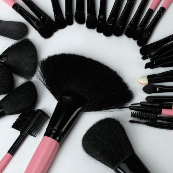 32 pcs Pink & Black Makeup Brush Set with Bag Nylon Bristles Wooden Stems
