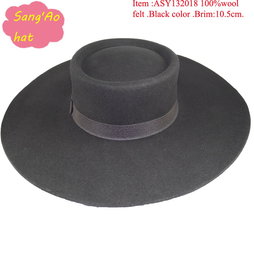 Wholesale Large Brim Hat Round Top Cap Mens Wool Felt Yarmulke,Black