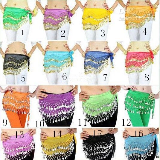 

12 Colors 3 Rows 128 Coins Belly Egypt Dance Hip Skirt Scarf Wrap Belt Costume, Mix color