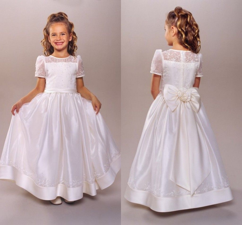 Wedding First Communion Dress 2015 first communion dress flower girls dresses with a line sheer neckline jewel t shirt short sleeve bow lace embroidery floor