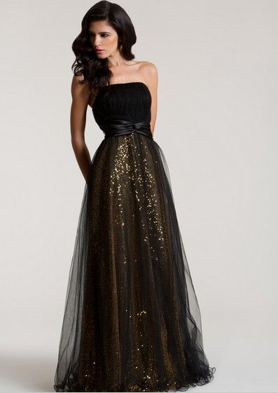2016 Cheap Long Black And Gold Sequin Formal Evening Gowns Strapless Pleated Tulle Prom Dresses 
