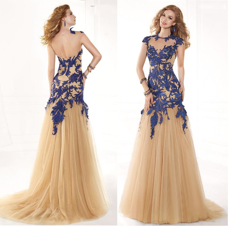 2015 New Arrival Sheer Illusion Neckline With Open Back Lace A Line Prom Dresses Tulle Fabric 