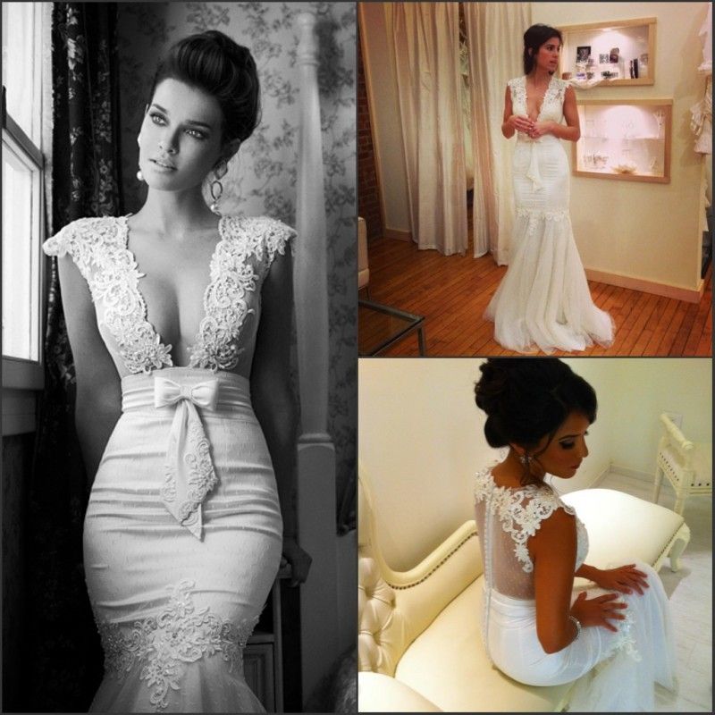 2015 New Berta Wedding Dresses With V Neck Appliques Sleeveless Sheer