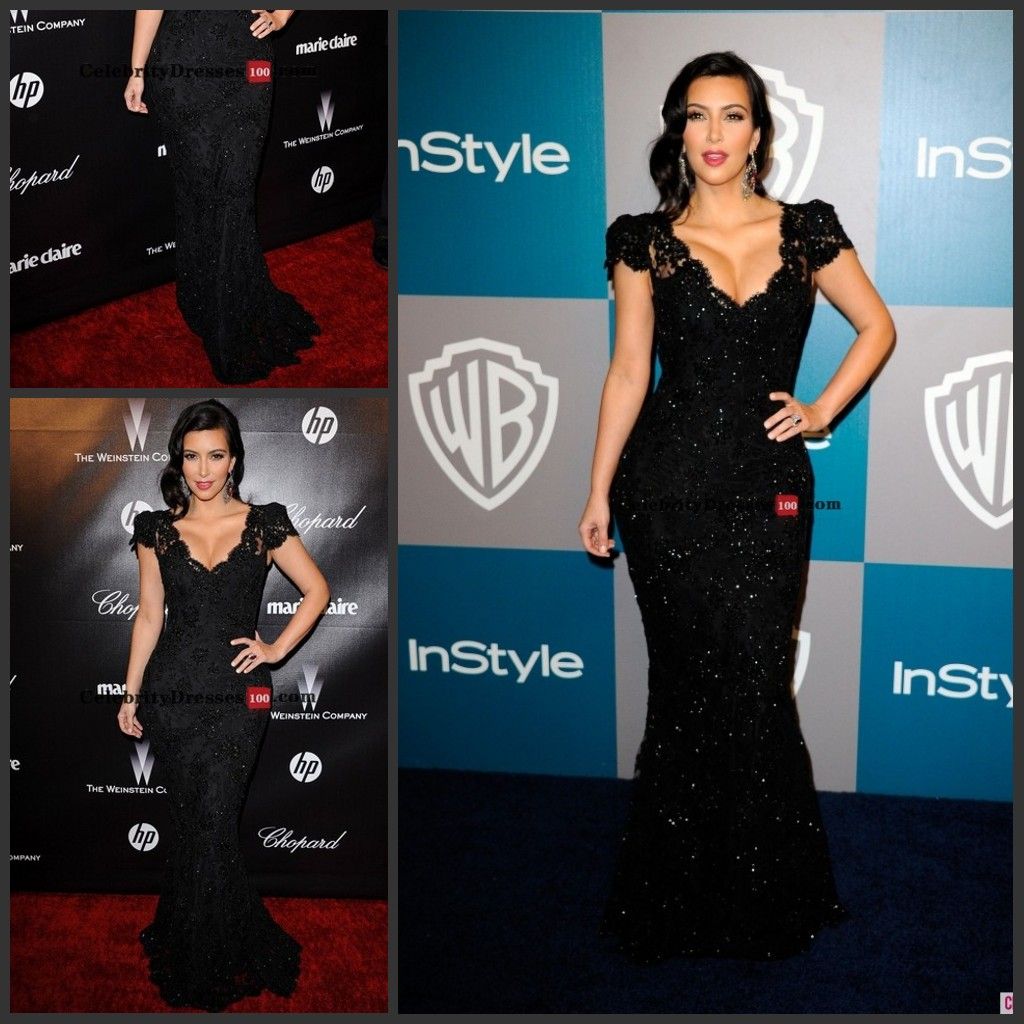 Kim Kardashian Black Beaded Lace Evening Gown Celebrity Dress Replicas