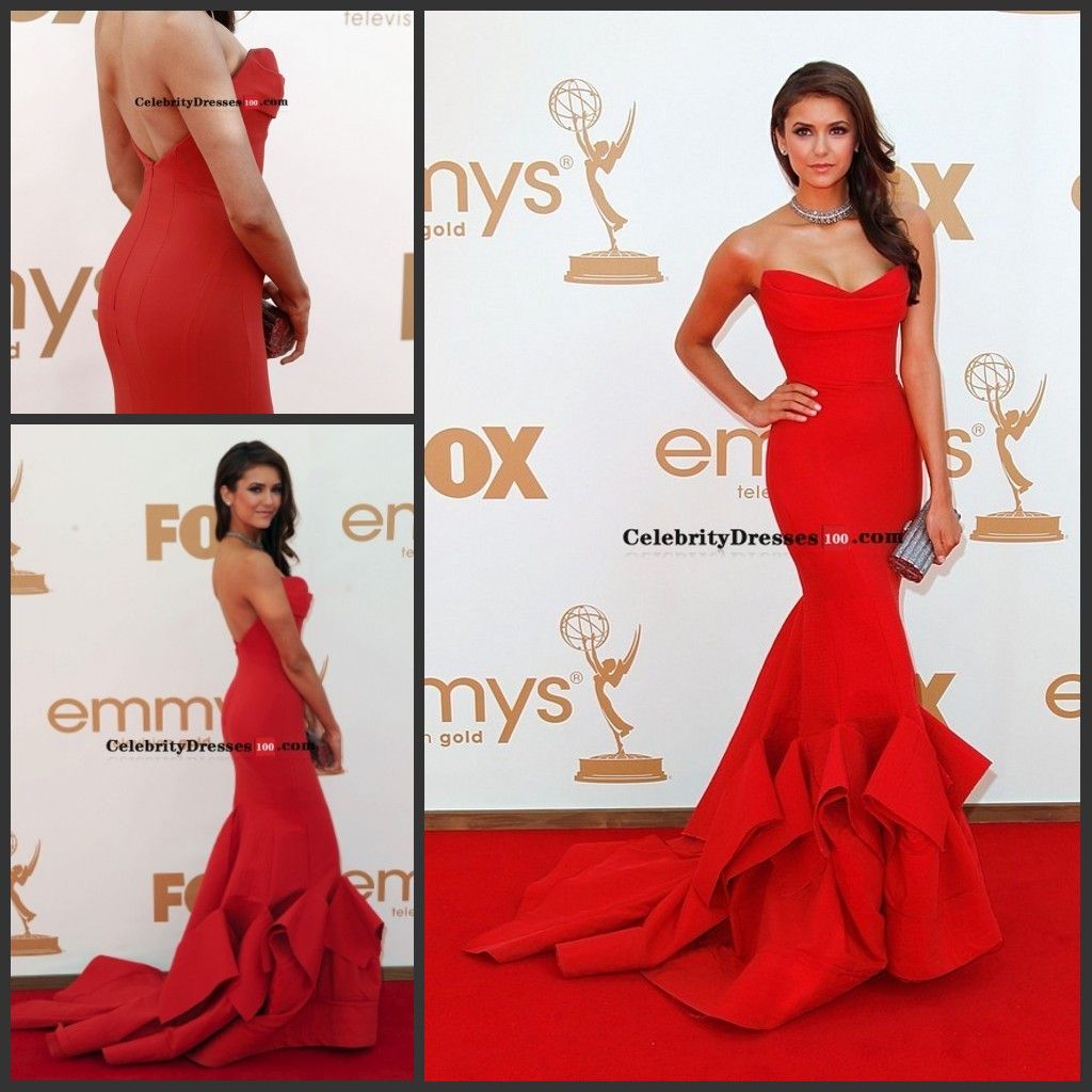 Nina Dobrev Red Strapless Mermaid Evening Prom Gown Celebrity Dress Replica Emmys 2011 Evening