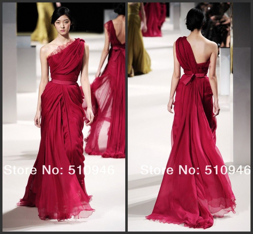 Elie Saab Lace Prom Dresses , One Shoulder Backless Pleat Elegant Chiffon Sequins Sexy Evening