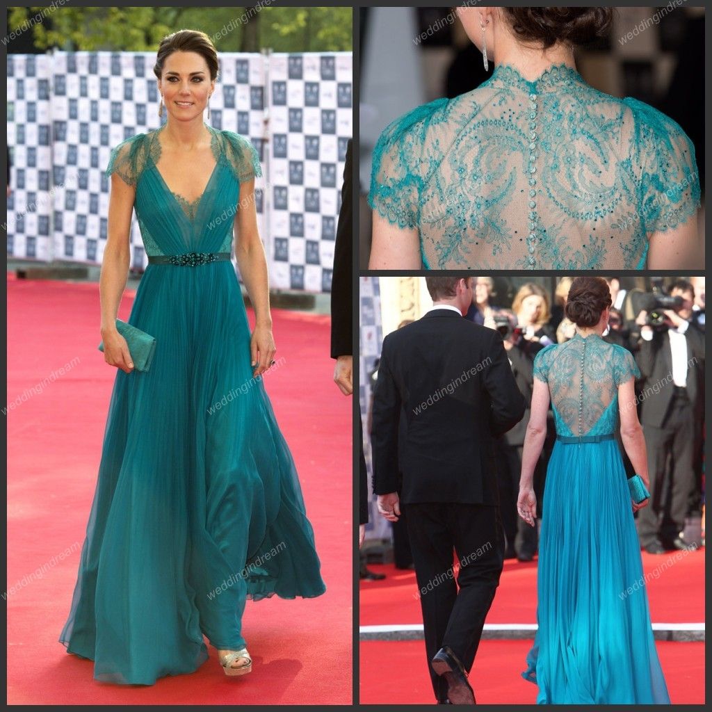 2014 Bestselling Kate Middleton Runway Evening Dress Column V Neck Sheer Covered Button Capped