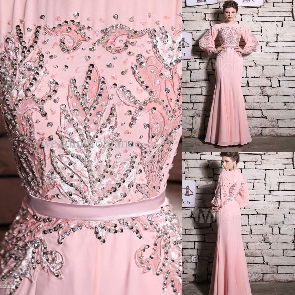 2014 Elegant Long Sleeve Evening Gown With Crew Sash Beaded Bodice Pink