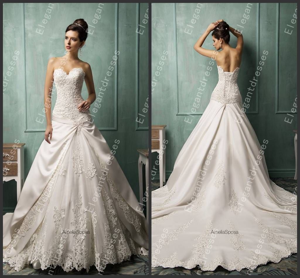 Custom Made 2014 Luxurious Aline Embroidery Satin Lace Vintage Wedding
