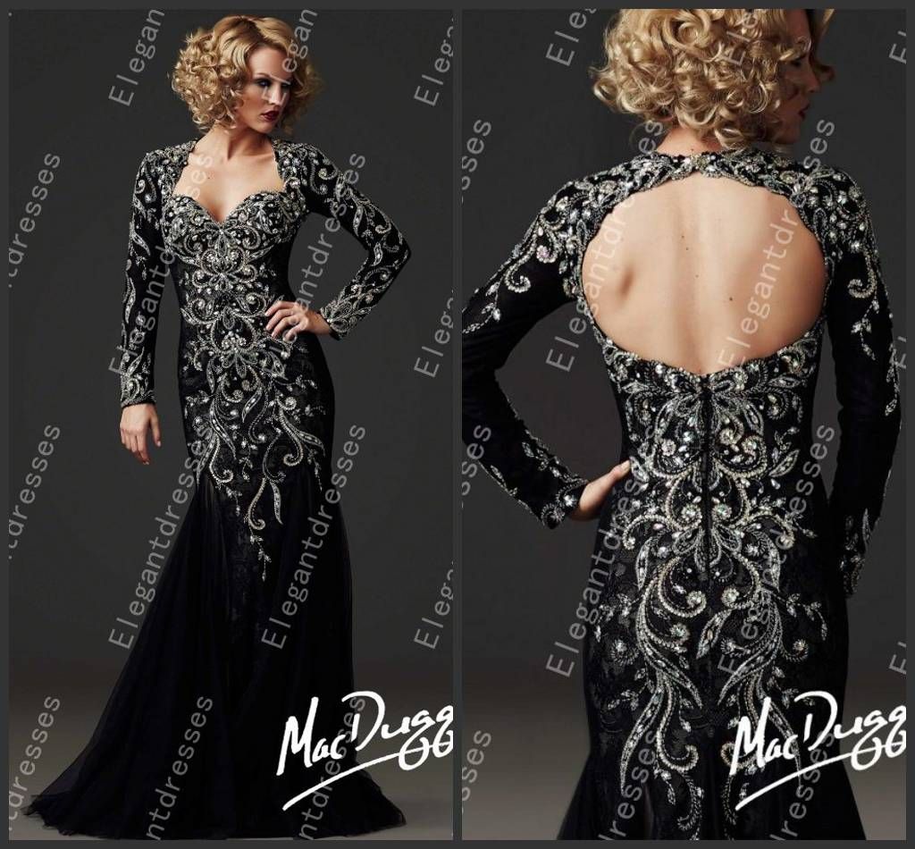 Beauty 2014 Elegant Floor Length Black Crystal Long Sleeves Backless