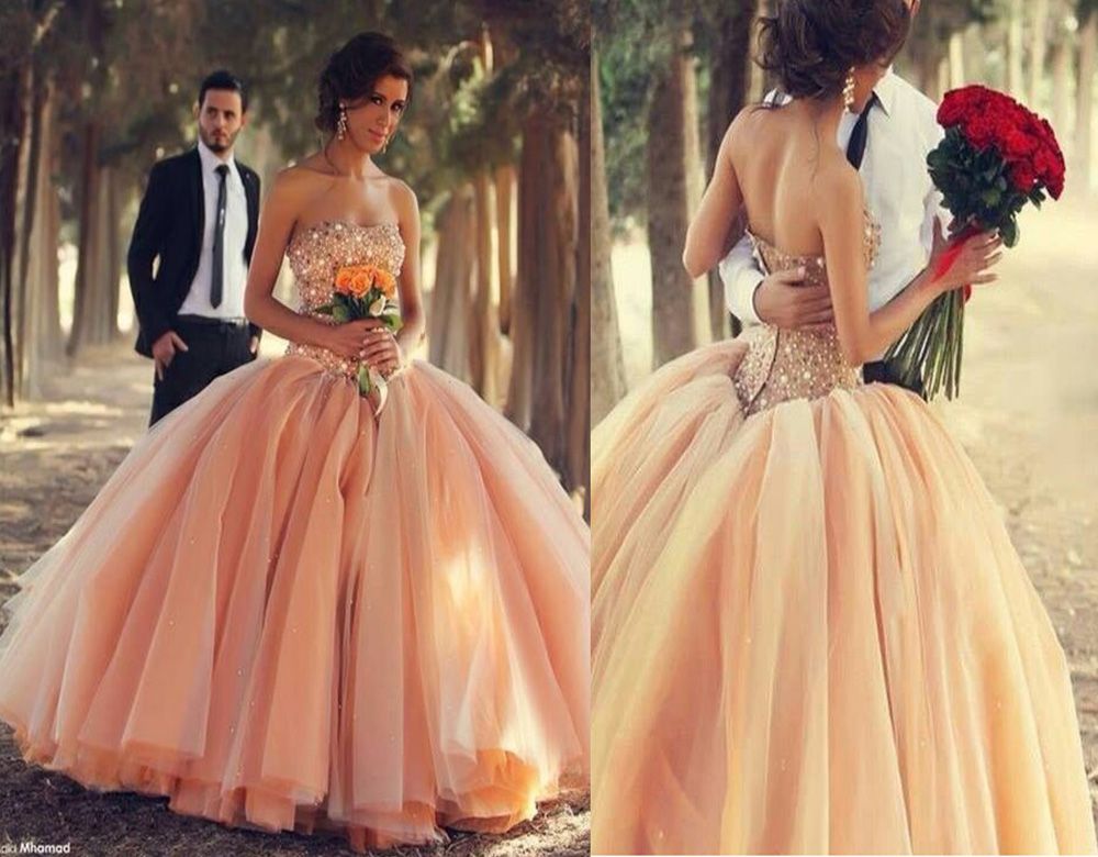 Peach Sexy Wedding Dresses Ball Gowns 2016strapless With Rhinestones