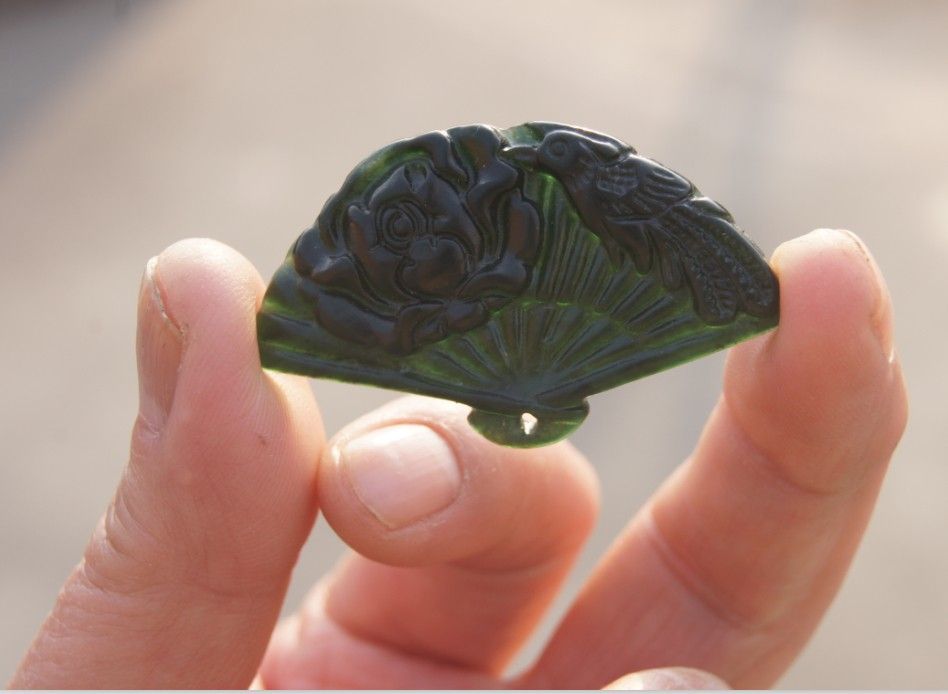 Natural dark green jade. Hand-carved - fan pendant - peony phoenix (danfeng chaoyang). Lucky pendant necklace, about 29 x46x6mm.