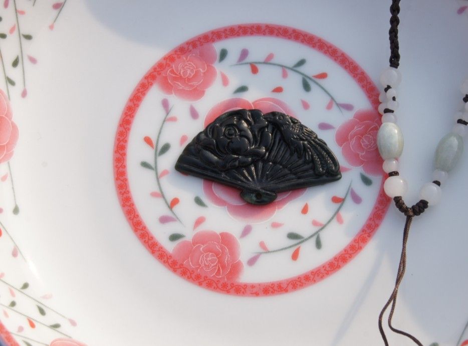 Natural dark green jade. Hand-carved - fan pendant - peony phoenix (danfeng chaoyang). Lucky pendant necklace, about 29 x46x6mm.