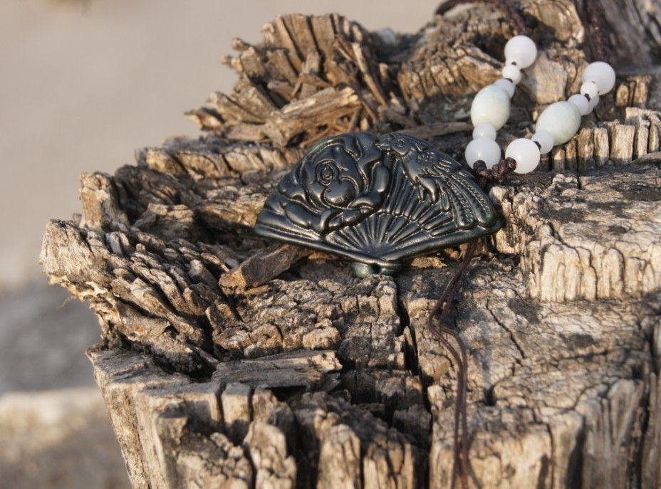 Natural dark green jade. Hand-carved - fan pendant - peony phoenix (danfeng chaoyang). Lucky pendant necklace, about 29 x46x6mm.