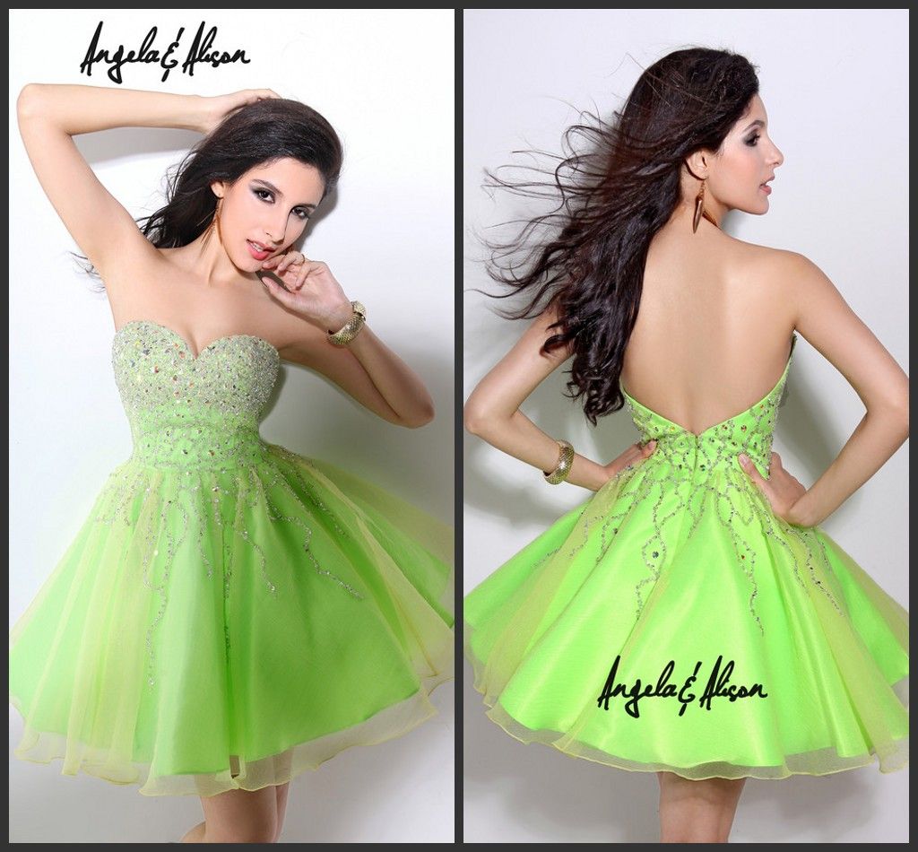 Sassy Neon Green Short Prom Dresses A Line Beaded Sweetheart Boduce