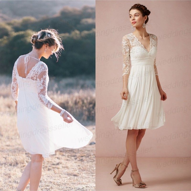 3/4 Long Sleeves Lace Backless Knee Length Bridesmaid Dress V Neck A