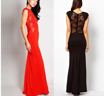 Fashion Women Sexy Long Dress Side Split Back Lace See-through Slim Bodycon Fishtail Evening Party Maxi Dresses