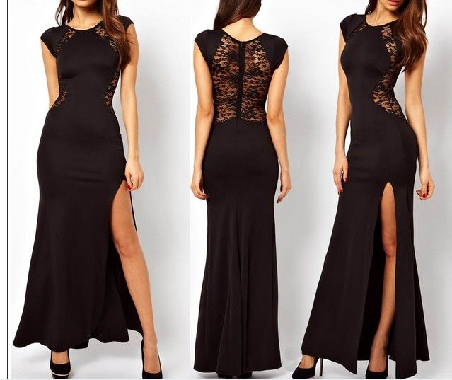 Fashion Women Sexy Long Dress Side Split Back Lace See-through Slim Bodycon Fishtail Evening Party Maxi Dresses