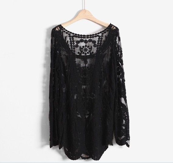 Fashion Womens Sexy Lace Sheer t-shirts Semi Embroidered Crochet Blouse Tops Long Sleeve Tee T-shirt gifts