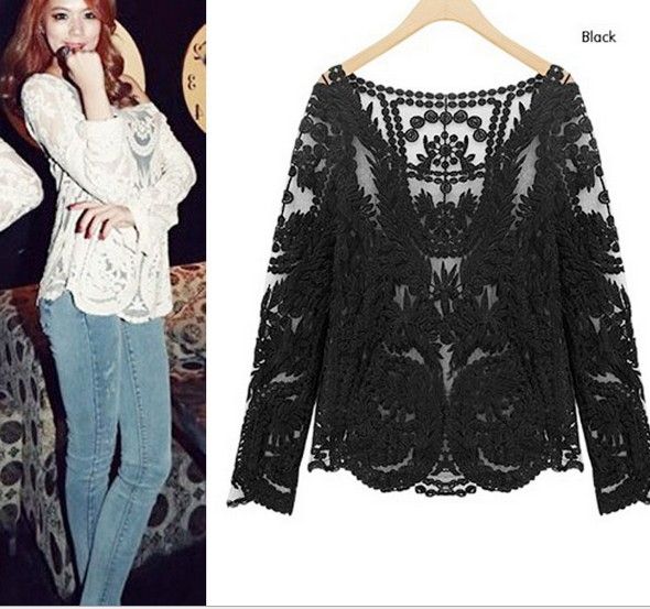 Fashion Womens Sexy Lace Sheer t-shirts Semi Embroidered Crochet Blouse Tops Long Sleeve Tee T-shirt gifts