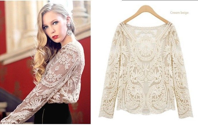 Fashion Womens Sexy Lace Sheer t-shirts Semi Embroidered Crochet Blouse Tops Long Sleeve Tee T-shirt gifts