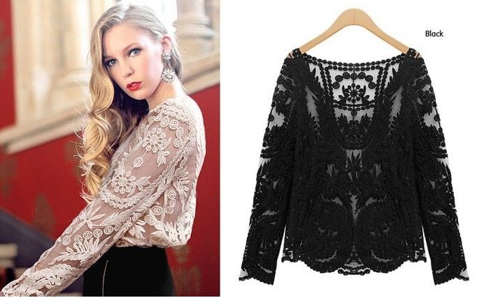 Fashion Womens Sexy Lace Sheer t-shirts Semi Embroidered Crochet Blouse Tops Long Sleeve Tee T-shirt gifts